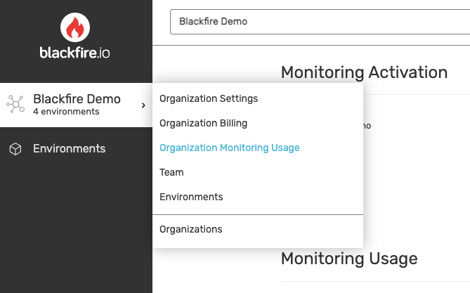 A screenshot of where to find Organization Monitoring Usage