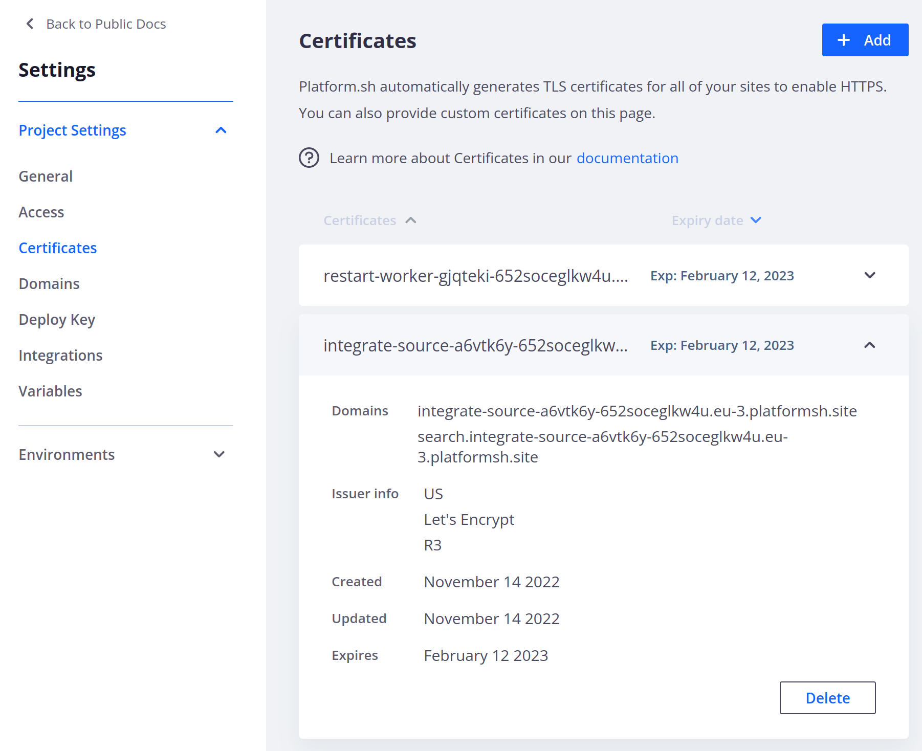 A list of certificates in a project