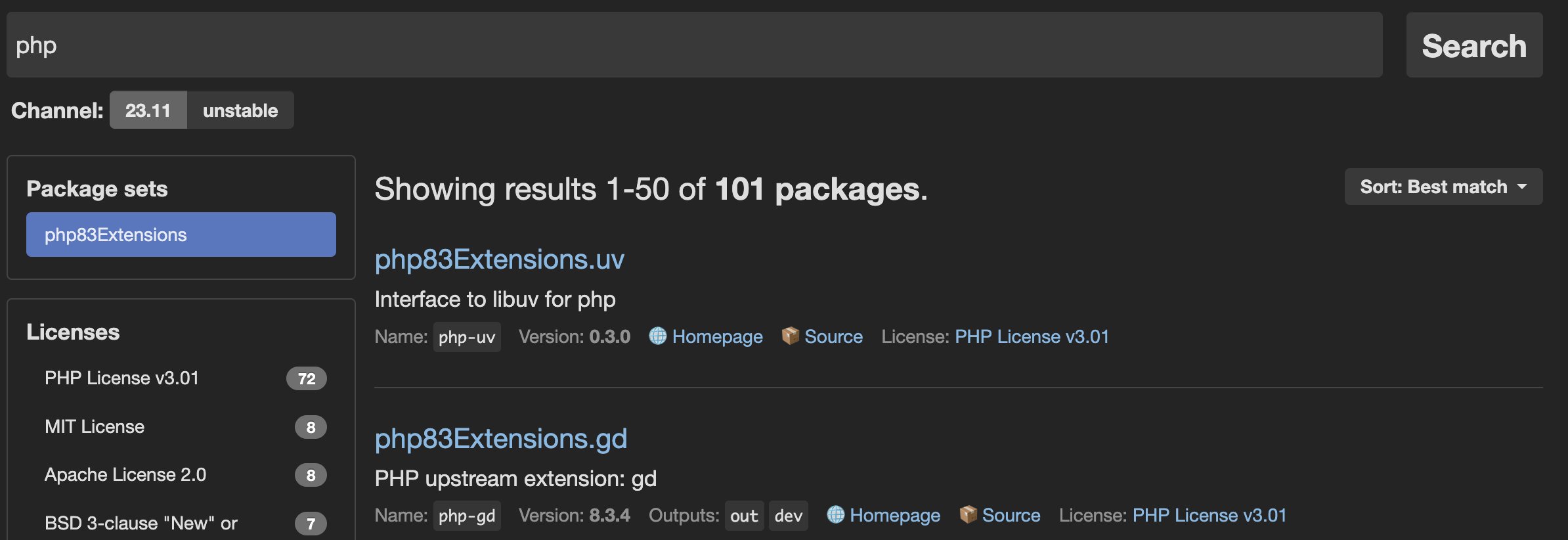 Screenshot of the Nix package sets selection for PHP@8.3